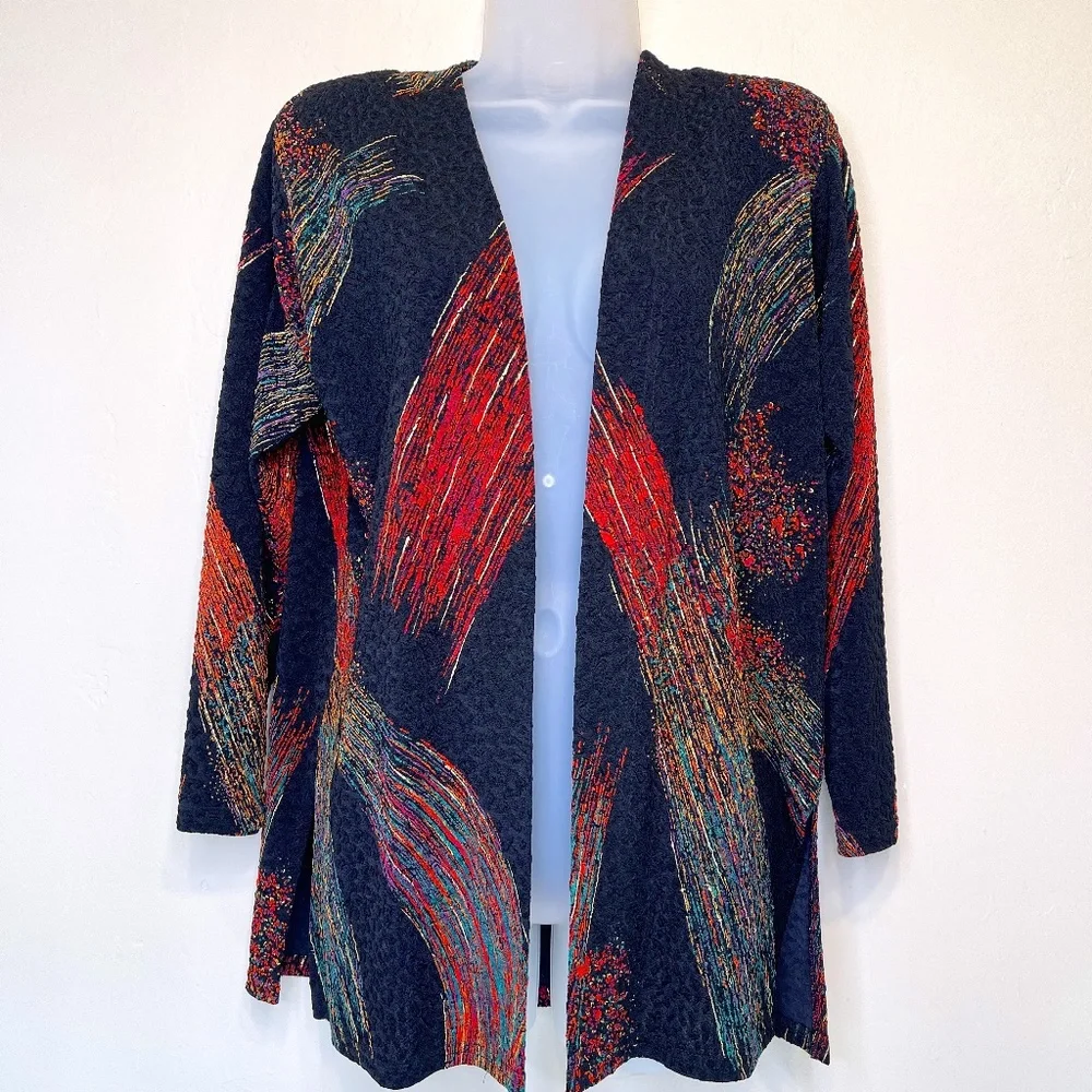 A Touch Of Class | VTG Metallic Brush Stroke Abstract Print Open Front Cardigan